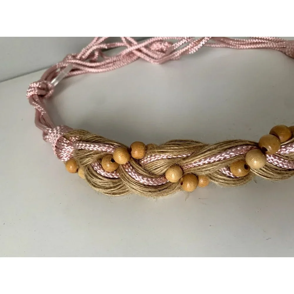 Vintage Statement Braided Beaded‎ Belt Womens Tan Pink Tie Waist 80s 90s Boho